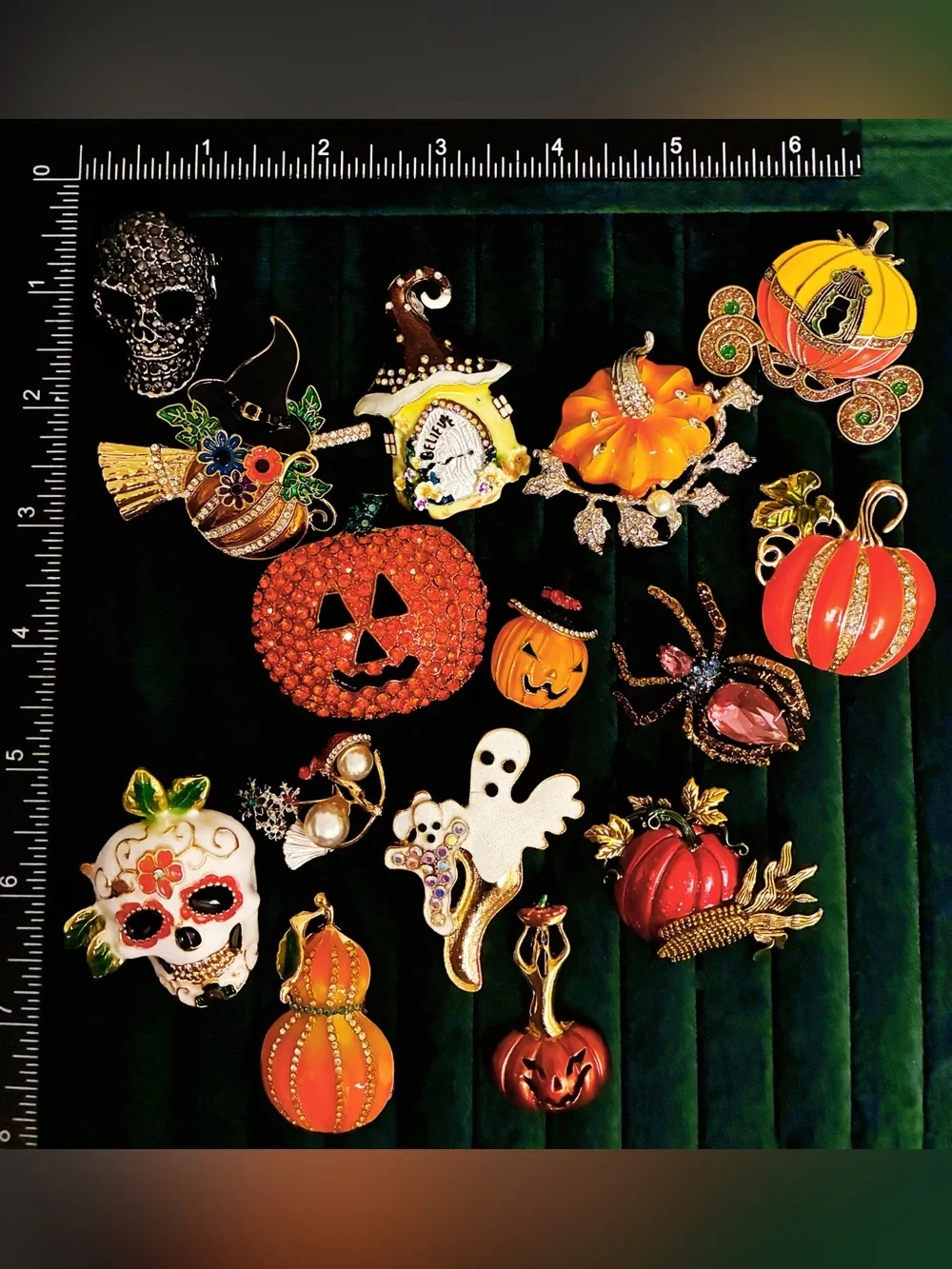 Lot 15 Halloween Brooch Pin Set Pumpkin Skull Ghost Spider Rhinestone Enamel Gft